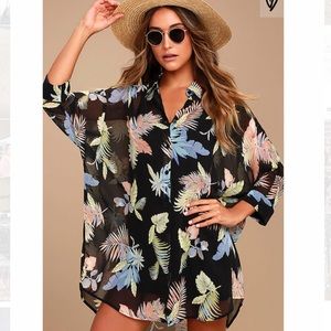 Sheer Black Tropical Print Shirt Dress